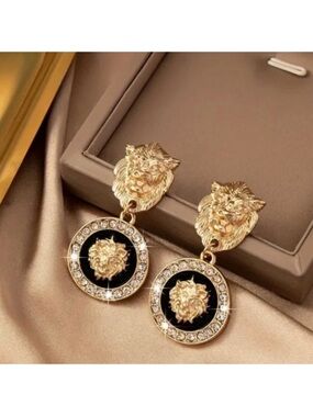 Gold Tone and Black Lion Medallion Drop Earrings - New NWT